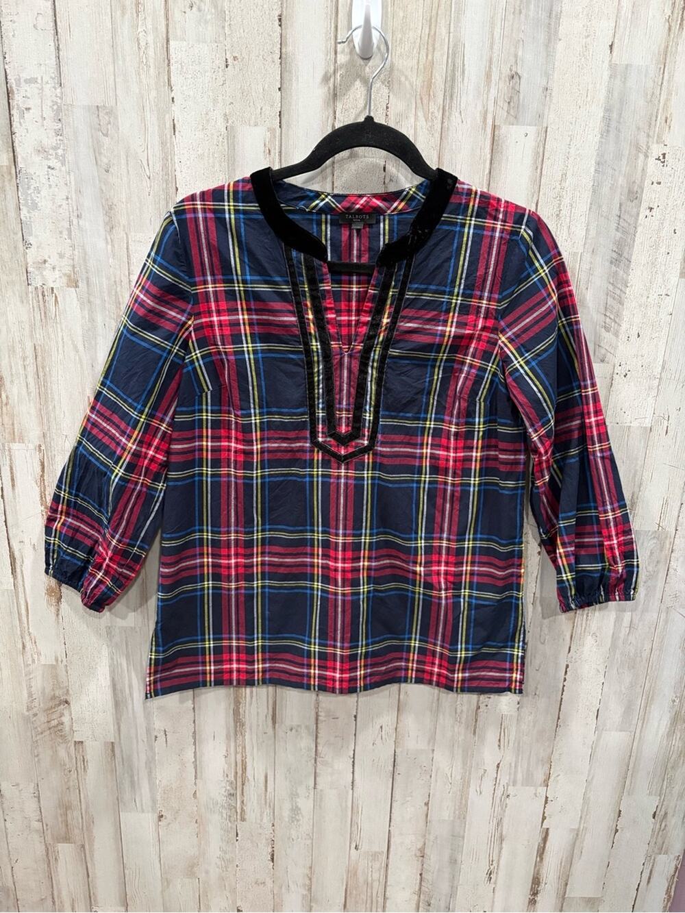 Talbots Petite Plaid‎ Velvet Trim Popover Blouse Top SP Navy Red Holiday Preppy